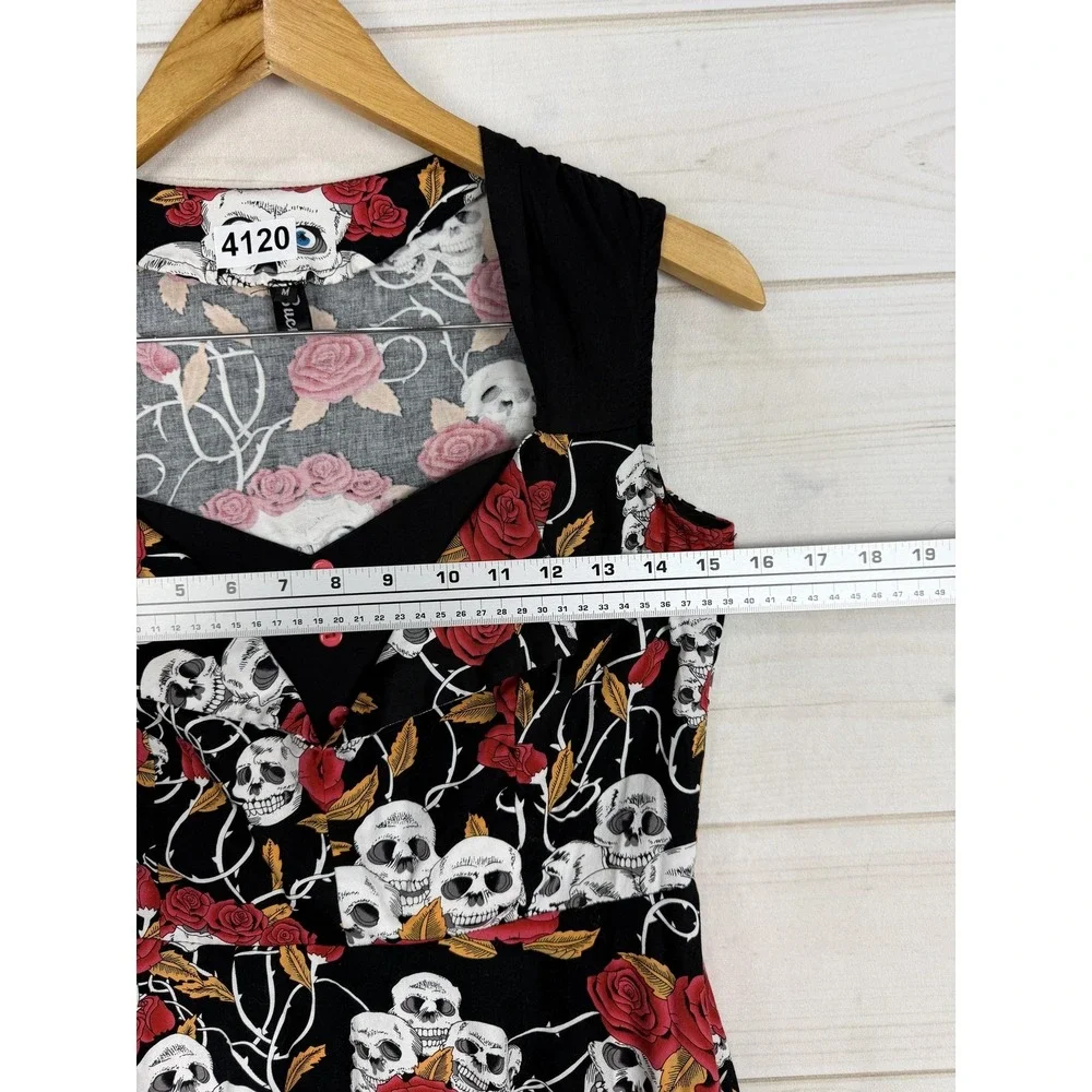 Sourpuss Dress Womens Medium Black Skull Rose Fit Flare V Neck Pin Up Gothic